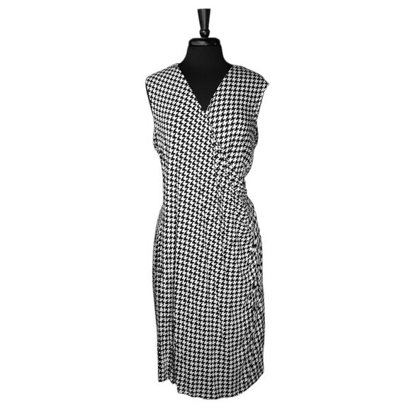 Ralph Lauren Women's Dress Black White Houndstooth Check Surplice V-Neck Midi 2X - Picture 1 of 9